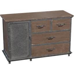 Rustic textured wooden 3D model table with drawers and mesh cabinet side, compatible with Blender rendering.