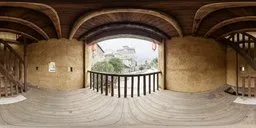 Balcony view HDR from wooden structure with clay walls and overcast sky perfect for lighting 3D scenes.