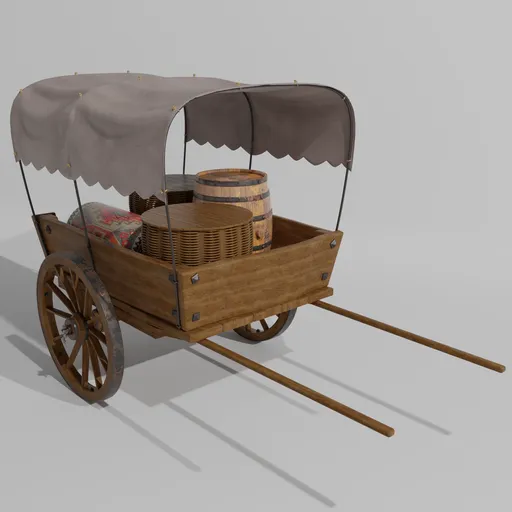 Detailed Blender 3D model of a vintage handcart with goods, ideal for historical scenes.