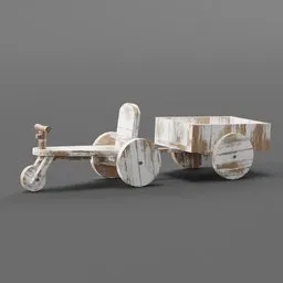 "Wooden running bike for children, ideal as a prop, rendered in photorealistic detail with Blender. Featuring white wheel rims and an aged appearance, this 3D model is perfect for toy and game asset designers."