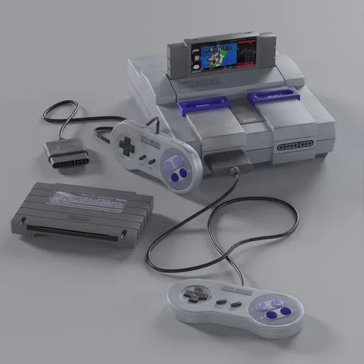 Highly detailed Blender 3D Classic Console model, showcasing nostalgic design with controllers and game cartridge.