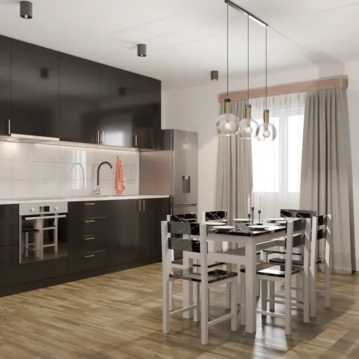 Realistic 3D modeled kitchen interior with detailed design perfect for Blender character showcasing.