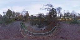 360-degree night HDR panorama featuring a serene pond and bridge for realistic lighting in 3D scenes.