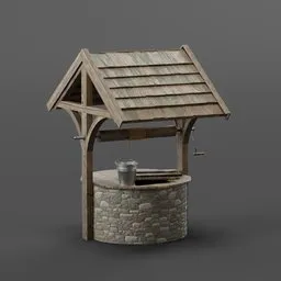 "Photorealistic medieval art style 3D model of an old well with a bucket on top, suitable for video game assets and CAD projects. Blender 3D software used to create this detailed well with moss-covered areas."