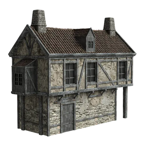 Detailed medieval 3D house model with textured stonework and wooden beams for Blender realistic scenes.