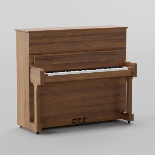 Realistic 3D rendered wooden upright piano for Blender, with detailed keys and structure, suitable for interior design visualizations.