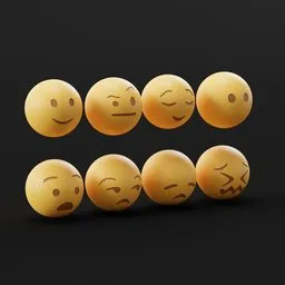 Set of eight expressive emoji 3D models for Blender animation and game development, isolated on dark background.