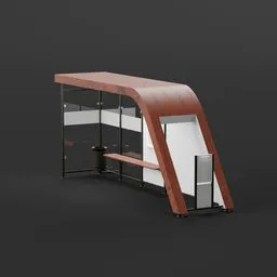 Modern 3D rendered Blender model of an urban bus stop with glass walls and wooden canopy.