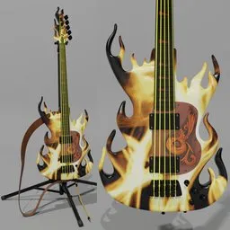 Detailed 3D model of a 5-string electric bass with flame design, Sandberg hardware, and neon strings.