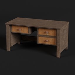 "Realistic oak wooden desk 3D model with two drawers and a top drawer, inspired by Aleksander Orłowski. High quality textures and moderately detailed design for use in Blender 3D."