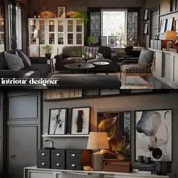 Detailed Blender 3D model of a living room with realistic textures and PBR materials, featuring combined kitchen and dining areas.