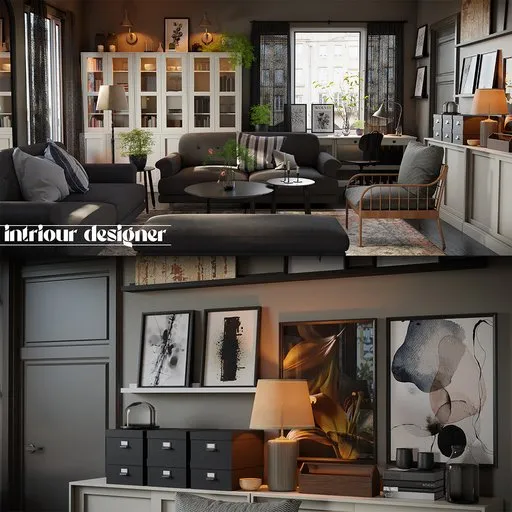 Detailed Blender 3D model of a living room with realistic textures and PBR materials, featuring combined kitchen and dining areas.