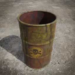 High-quality 3D model of an open, yellow, weathered toxic waste barrel, Blender 3D compatible.