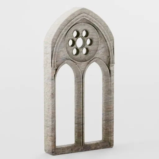 Detailed 3D model of a stone Gothic arch window with PBR material, designed for Blender.