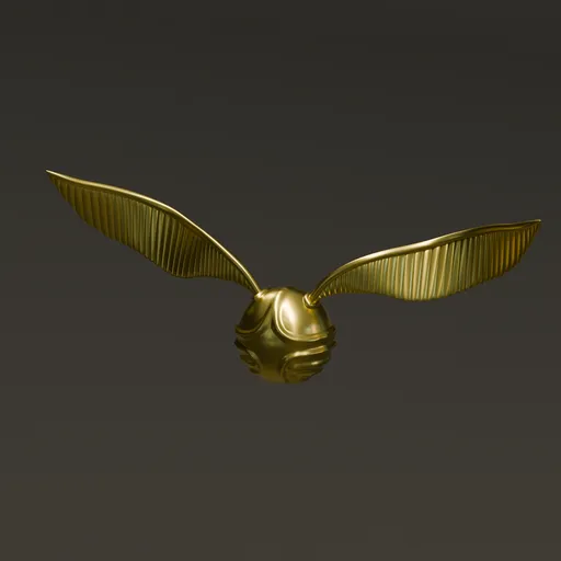 Detailed golden 3D snitch model with intricate wing design, perfect for fantasy 3D rendering in Blender.