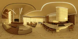 360-degree HDR image of a spacious modern living room and kitchen with marble details and sophisticated furnishings.