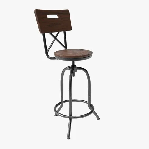 Realistic 3D model of a metal and wood bar stool with adjustable height, designed for Blender rendering.