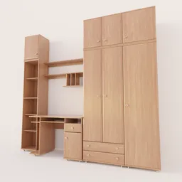 High-quality 3D furniture model with desk, shelves, and closet for Blender rendering and interior design visualization.
