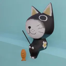 "Wooden Carving Fishing Cat sculpture in Blender 3D. Inspired by Tsuguharu Foujita and Kanzan Shimomura, the model features a happy cat sitting on a shelf with a fish and a fishing pole. The intricate anisotropic filtering and procedural rendering create visual wall art reminiscent of Charles Schulz's style."