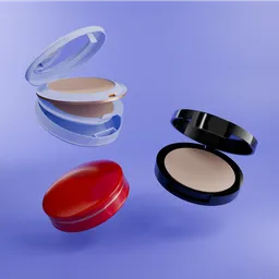 Realistic 3D model of layered and single compact makeup containers on a blue backdrop, perfect for cosmetic visualizations.