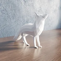 "Low poly fox sculpture made in plastic, by Ben Thompson for Blender 3D. The minimalist design captures the essence of the sleek and cute fox, with ray-traced lighting for added depth. Ideal for those seeking simplified realism in their 3D modeling."