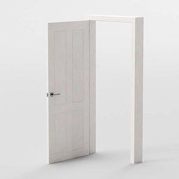 "3D model of a white door with frame, designed for Blender 3D software. Features easy opening constraints and wood panel walls. Perfect for minimalist interiors and hyper-realistic fantasy scenes."