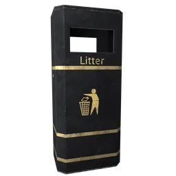 Highly detailed black-and-gold slimline litter bin 3D model, suitable for Blender, showcasing realistic textures and materials.