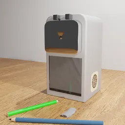 "Get your assets sharp with our realistic 3D Sharpener Machine model, perfect for Blender 3D. This machine is placed on a table with a pencil nearby. Inspired by famous artists and featuring a white tracing and lockbox, it's a valuable addition to your science-miscellaneous category library."