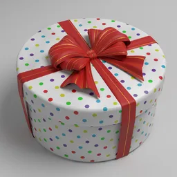 Round 3D modeled gift with red ribbon and colorful polka dots, ideal for celebration scenes, designed for Blender rendering.