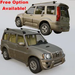 Detailed 3D model of a beige 2011 Mahindra Scorpio with openable doors, Blender-created, low-poly interior.