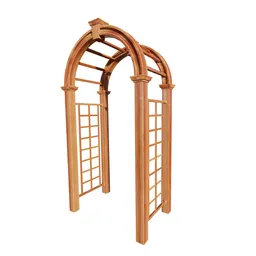 "Fully textured wooden arbor 3D model with 4K resolution, designed with unique shapes, pinned joints, and pure gold pillars for exterior use in gardening, created with Blender 3D software."