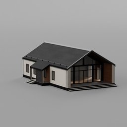 "3D model of a modern private house with big windows, created in Blender 3D software. Features a porch and built on a steep hill. Perfect for architectural design projects or visualization."
