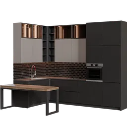 Modern 3D-rendered kitchen model with sleek design, copper accents, rendered in Blender 3.6 Cycles, available in .blend format.