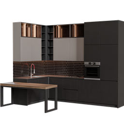 Modern 3D-rendered kitchen model with sleek design, copper accents, rendered in Blender 3.6 Cycles, available in .blend format.
