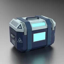 "Scifi Hard Surface Crate PBR 3D Model for Blender 3D: Blue and white box with a light, perfect for medicine category and first aid kits. High-quality textures and details including iridescent specular highlights and food particles."