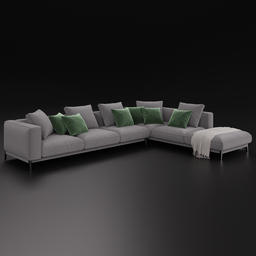 Highly detailed 3D sectional fabric sofa with cushions and throw, compatible with Blender 4.0+.
