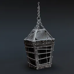 Detailed 3D-rendered steel lantern with metallic texture and chains, perfect for Blender projects.