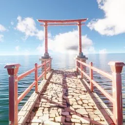 3D-rendered historical Japanese torii gate pathway with procedural clouds, Blender animation ready.