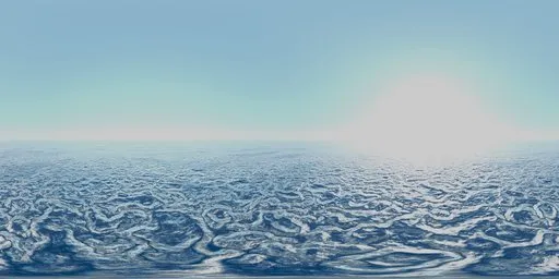Seamless HDR panorama for 3D lighting, featuring calm ocean waters under a clear blue gradient sky.