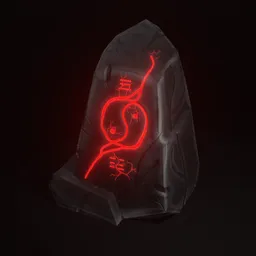 Detailed 3D rune stone with glowing red symbols, optimized for Blender game assets.