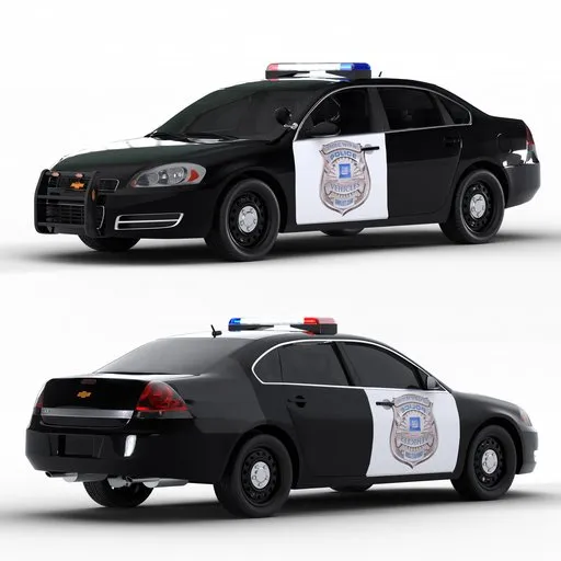 Detailed 2020 Chevy Impala police car 3D model with procedural shaders and rigging, compatible with Blender 3D.