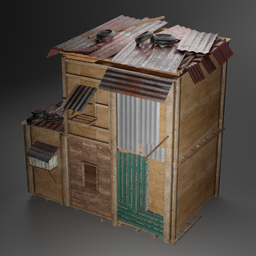 "3D model of a Slum Shelter in Blender 3D: A small wooden building with metal roof in shanty townships made of scrap metal, wood and corrugated iron."