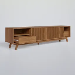 Detailed 3D model of a mid-century TV stand with interactive drawers in Blender format, ideal for bedroom interiors.