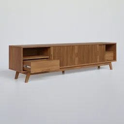 "Mid-century wooden TV stand with drawers and sliding doors, designed for Blender 3D. 6 shelves provide ample storage space for any living area. Modifiers included to open drawers and sliders."