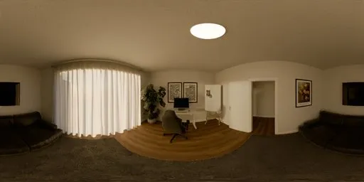Modern home office HDR with natural lighting, white desk, computer, plant, black chair, sofas, and wall art.