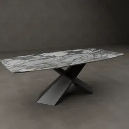 3D-rendered modern Quartz table with marble top and unique cross-leg design, ready for Blender use.