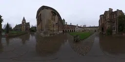 360-degree HDR image of a wet Cambridge courtyard for realistic lighting in 3D scenes.