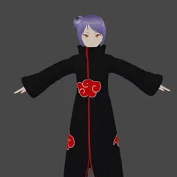 "Konan Akatsuki, a female character from Naruto, depicted in a full soldier clothing black robe with a red ribbon, wearing a purple tunic and chin-length purple hair. This Blender 3D model is ideal for gamedev, printing, and is compatible with Unreal Engine and Roblox avatar customization."