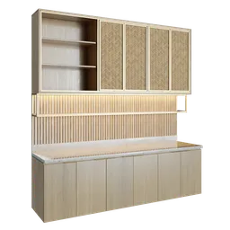 Wooden tropical kitchen cabinet 3D model with textured doors for Blender rendering.