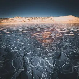 Detailed 3D-rendered desert terrain with water effects, perfect for Blender 3D projects and nature simulations.